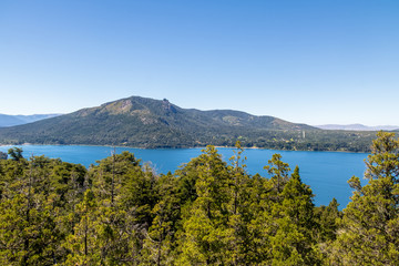 Aerial view of Lake Gutierrez and mountains from viewpoint Mirador Lago Gutierrez - Bariloche, Patagonia, Argentina