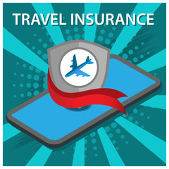 Travel Insurance button with airplane and smartphone on flat background. Flat vector illustration.