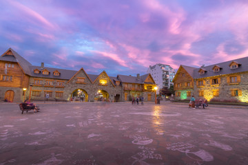 Civic Center (Centro Civico) and main square in downtown Bariloche at sunset - Bariloche, Patagonia, Argentina - obrazy, fototapety, plakaty