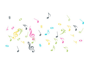 Music Notes Confetti Falling Chaos Vector. Music Symbols Texture Poster Background Elements. Party Night, Festival, Celebration or Concert, Melody Notes Trail. Decorative Song Sheets Chaos Effect.