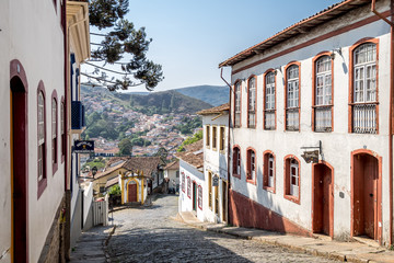 Street view of the cobble stoned streets of colonial city Ouro Preto in Minas Gerais, Brazil