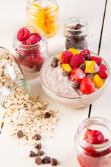 raspberry mango and dark chocolate chip in overnight oats