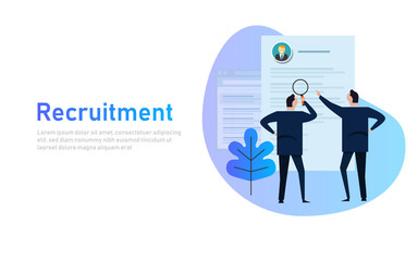 Fototapeta na wymiar Recruitment process. selecting candidate by human resource. Business man select from printed CV, magnifying glass, flat style banner design of management concept