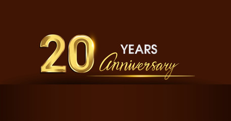 20 years anniversary celebration logotype. anniversary logo with golden color and gold confetti isolated on dark background, vector design for celebration, invitation card, and greeting card