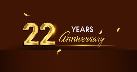 22 years anniversary celebration logotype. anniversary logo with golden color and gold confetti isolated on dark background, vector design for celebration, invitation card, and greeting card