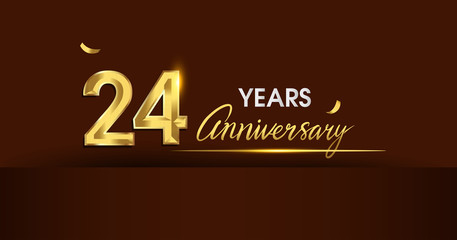 24 years anniversary celebration logotype. anniversary logo with golden color and gold confetti isolated on dark background, vector design for celebration, invitation card, and greeting card