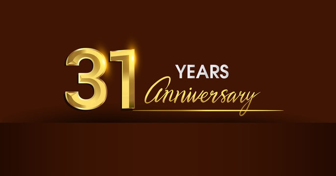 31 years anniversary celebration logotype. anniversary logo with golden color and gold confetti isolated on dark background, vector design for celebration, invitation card, and greeting card