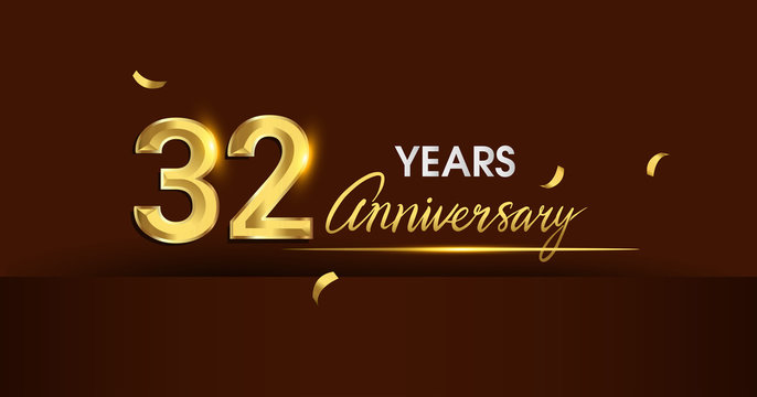32 years anniversary celebration logotype. anniversary logo with golden color and gold confetti isolated on dark background, vector design for celebration, invitation card, and greeting card