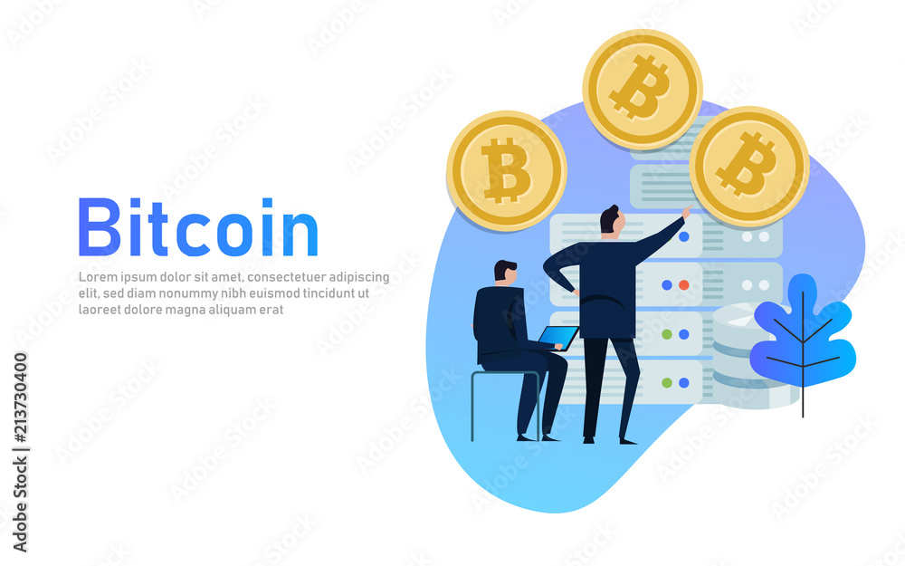 Poster flat bitcoin online mining concept web infographics vector illustration. man on computer and bit coi