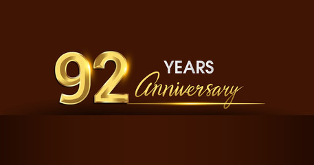 92 years anniversary celebration logotype. anniversary logo with golden color and gold confetti isolated on dark background, vector design for celebration, invitation card, and greeting card