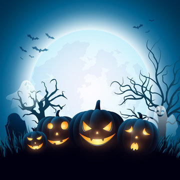 Cartoon Halloween pumpkins with white ghost