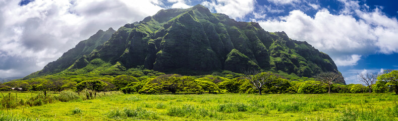 Kualoa mountain range panoramic view, famous filming location on Oahu island, Hawaii - 213730830