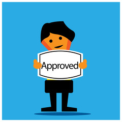 Approved and businessman. Vector illustration on blue background