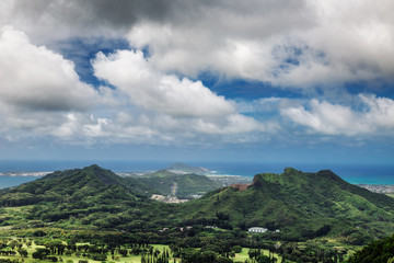 View of Oahu island from Nuuanu Pali lookout with beautiful cloudy sky