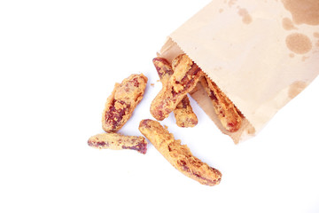 Fried crispy banana, sliced banana fried with flour on white background.