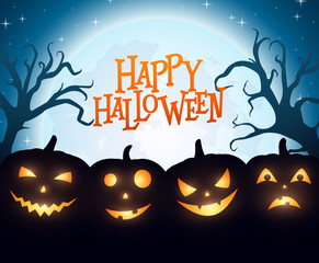 Banner Cartoon Halloween pumpkins on blue background