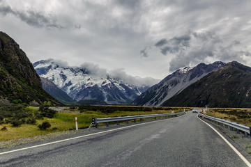 Scenic road in Mount Cook National Park, New Zealand