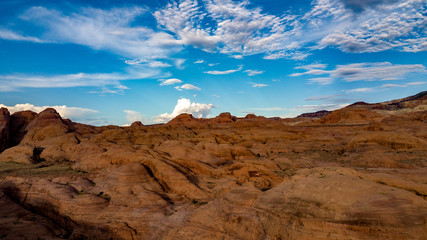 Aerial view of Lake Powell near Navjo Mountain, San Juan River in Glen Canyon with colorful buttes,...