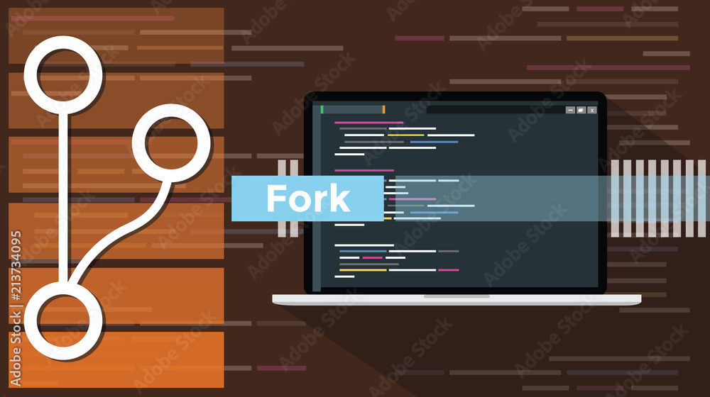 Wall mural fork git concept with the icon line style and computer laptop programming script code