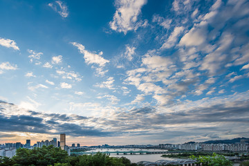 Han River and Seoul with Clouds, sunset of Seoul