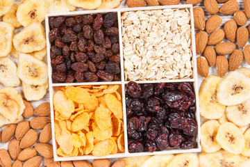 Healthy dried ingredients containing minerals, carbohydrates and dietary fiber, nutritious eating concept