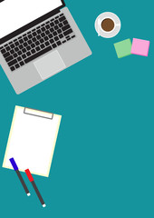 Top view of table working with gadget and free space for text with accessory 