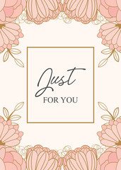 Botanical greeting/invitation card template design, leaves with flowers with hand drawn doodle graphics, pink and golden tones.