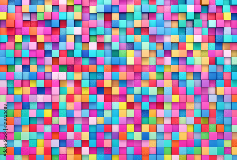 Fototapete 3D rendering abstract background of multi-colored cubes wall
