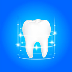Whitening of human tooth. Deep cleaning, dental care concept. Icon design, Illustration on blue background.