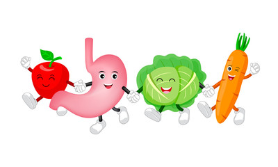 Happy healthy stomach character with cabbage, apple and carrot. Cute cartoon holding hands. Illustration isolated on white background. Digestive tract, Healthy food nutrition, stomach concept.