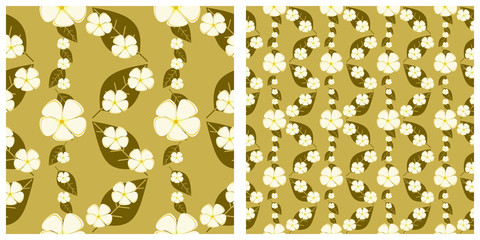 Seamless vector illustration background with plumeria flowers and leaves pattern.