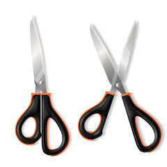 Vector 3d realistic metallic scissors with rubber handle. Shining steel of blades, office stationery, sharp domestic equipment for work, handicraft.