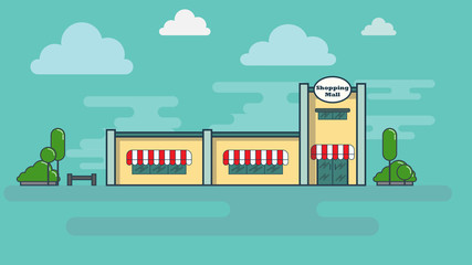 Shopping mall building on road background.