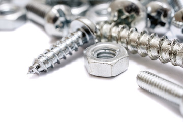 Macro Of A Small Collection Of Iron Screws, Wood Screws And Bolts With Free Space