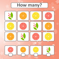 Game for preschool children. Count as many fruits in the picture and write down the result. With a place for answers. Simple flat isolated vector illustration.