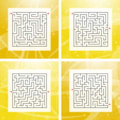 A set of square labyrinths. An interesting and useful game for children and adults. Simple flat vector illustration on a colorful abstract background.