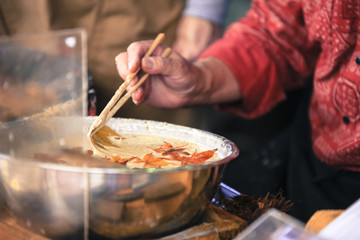 Delicious traditional japanese fried maple leaf tempura snack commonly seen during autumn season