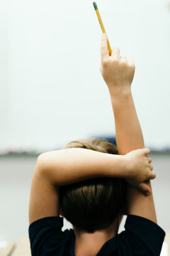 elementary student raises his hand in class