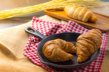 Two pieces of croissant on black ceramic pan that put on the fabric near rice in paddy with sausage filled in bread behind them in yellow sun light for morning meal or breakfast.