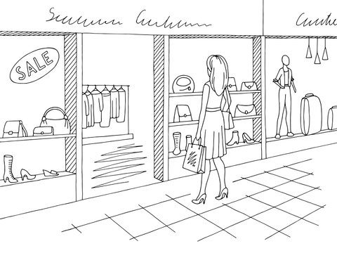 Shopping mall graphic black white interior sketch illustration vector. Woman standing