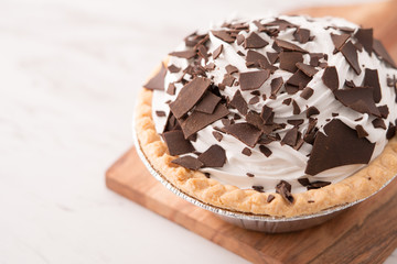 chocolate cream pie with chocolate shavings