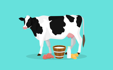 cow farm production with meat milk and cheese vector graphic illustration