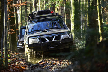 Offroad race on fall nature background. Rallying, competition and four wheel drive concept. Sport...