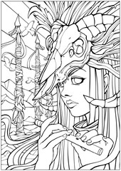 Coloring pages for adults, girl shaman with a flute with a skull on the head