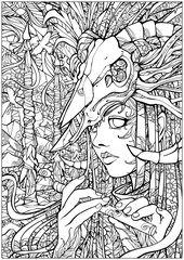 Fototapeta na wymiar Coloring pages for adults, girl shaman with a flute with a skull on the head