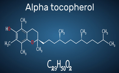 Alpha tocopherol ( vitamin E) molecule. Structural chemical formula and molecule model