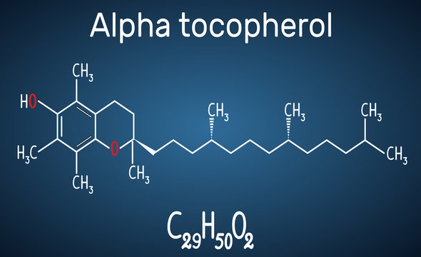 Alpha tocopherol ( vitamin E) molecule. Structural chemical formula and molecule model