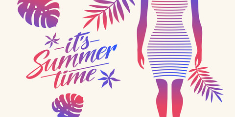 Stylish summer poster with tropical leaves and silhouette of a girl. Lettering its Summer time.