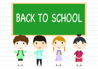 Happy boy and girl students standing in front of green board ,back to school concept.