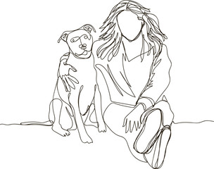 Woman with dog. Continuous line drawing